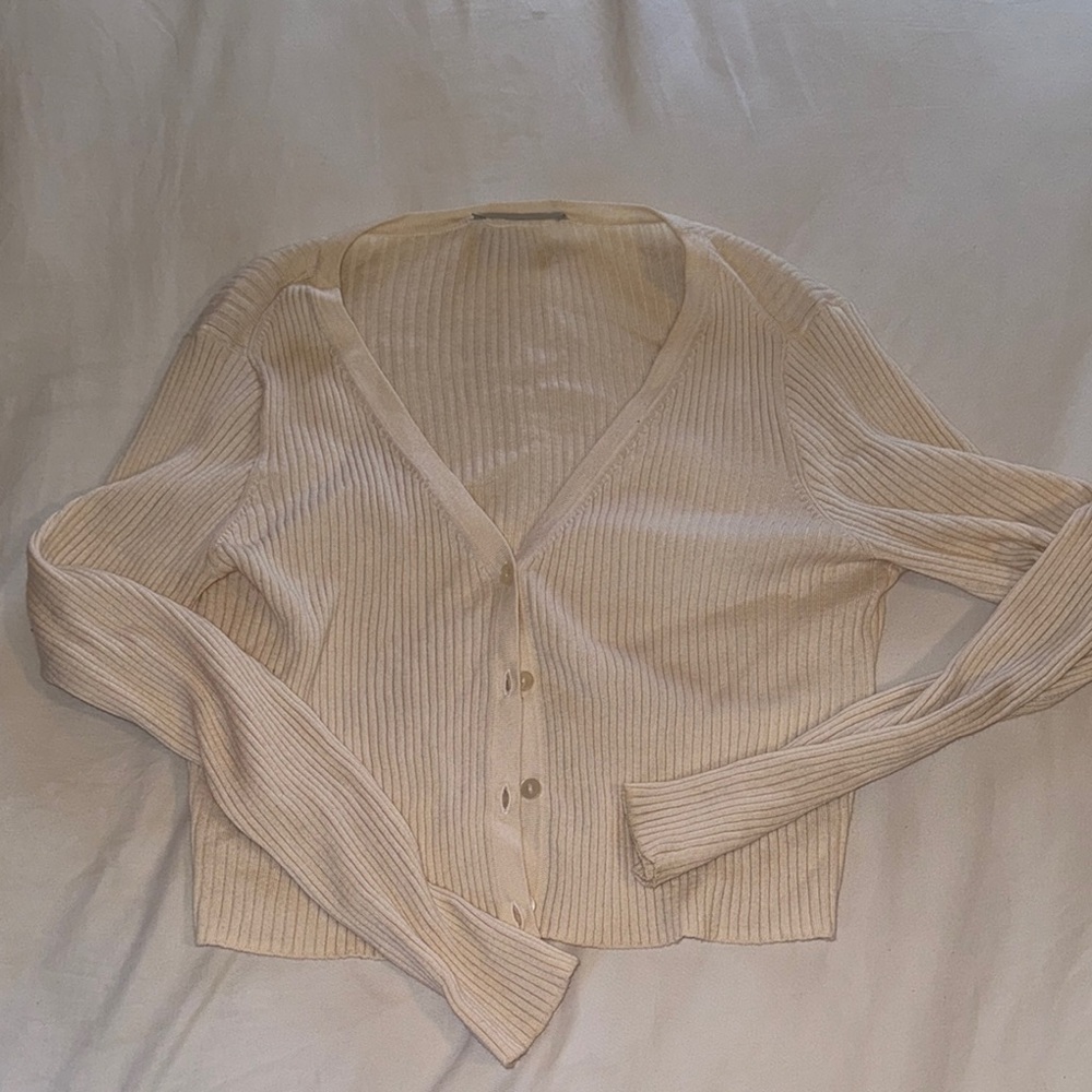 Cream Ribbed Knit Cardigan Sweater